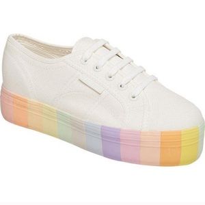 Platform Supergas white canvas w/ rainbow